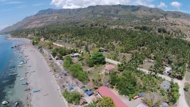 Aerial view of the coast south of Beloi on Atauro, with boats on the beach and hills behind